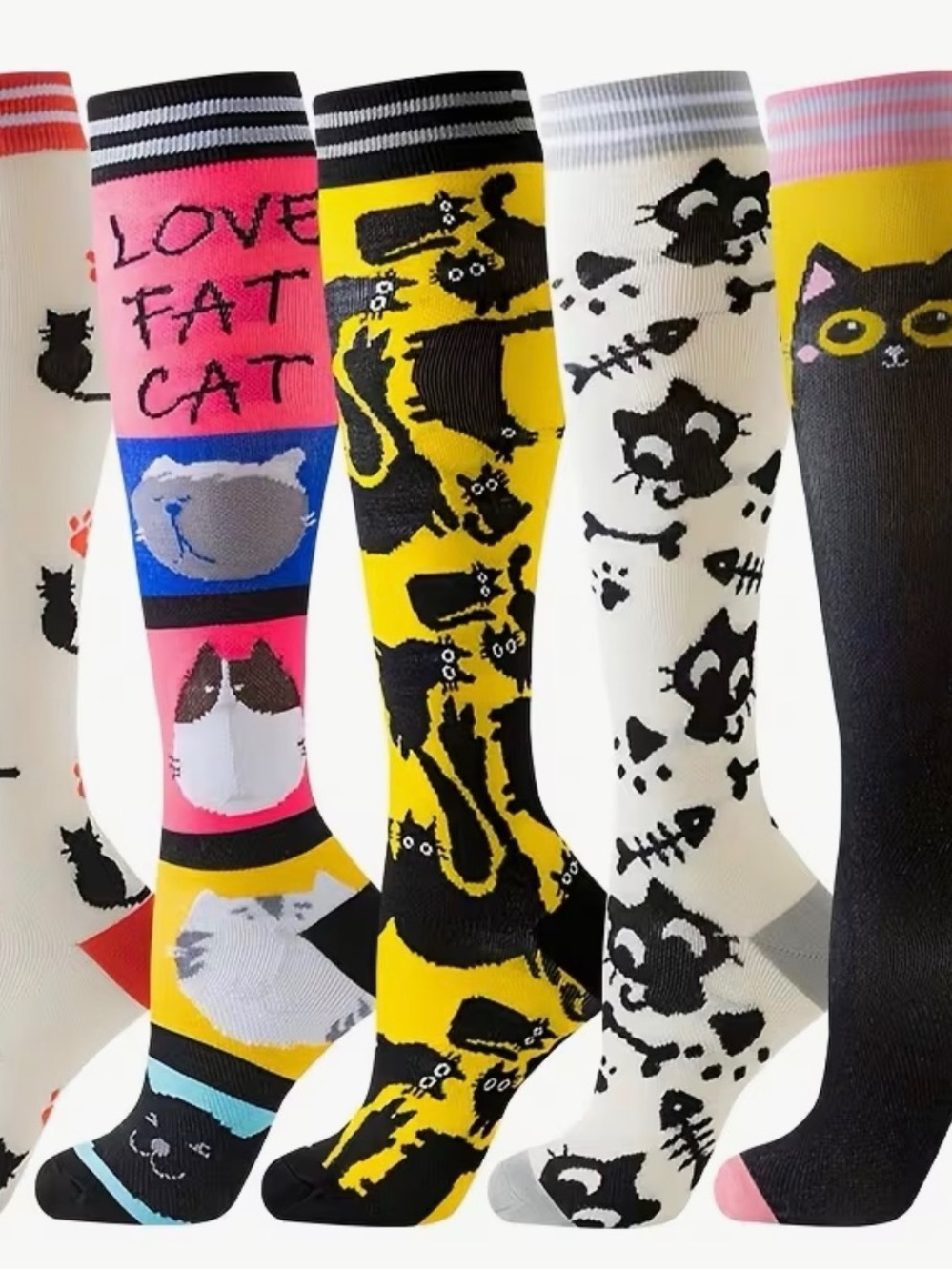 5 Pairs Cat Compression Socks Knee High S/M NEW Set with Cute Kitty